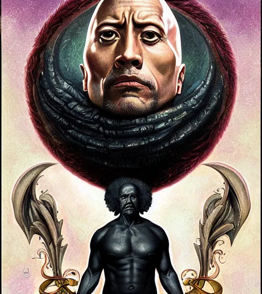 Image similar to A Magical Portrait of Dwayne Johnson as Aleister Crowley the Great Mage of Thelema, art by Tom Bagshaw and Wayne Barlowe and John Jude Palencar