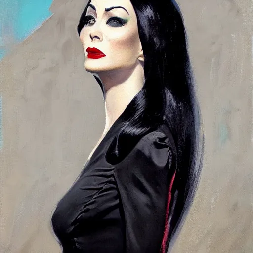 Image similar to greg manchess portrait painting of morticia from addams family as overwatch character, medium shot, asymmetrical, profile picture, organic painting, sunny day, matte painting, bold shapes, hard edges, street art, trending on artstation, by huang guangjian and gil elvgren and brom