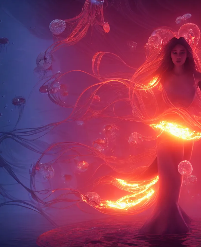 Image similar to close-up portrait of a beautiful princess floating in ethereum surrounded by floating jellyfish, energy flows of fire and water, flashes of plasma, 3d with depth of field, blurred background, a highly detailed epic cinematic concept art CG render. made in Maya, Blender and Photoshop, octane render, excellent composition, cinematic dystopian brutalist atmosphere, dynamic dramatic cinematic lighting, aesthetic, very inspirational, arthouse. y Greg Rutkowski, Ilya Kuvshinov, WLOP, Stanley Artgerm Lau, Ruan Jia and Fenghua Zhong