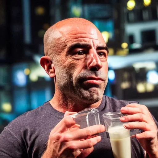 Image similar to joe rogan drinking milk high on shrooms in berlin on new years eve