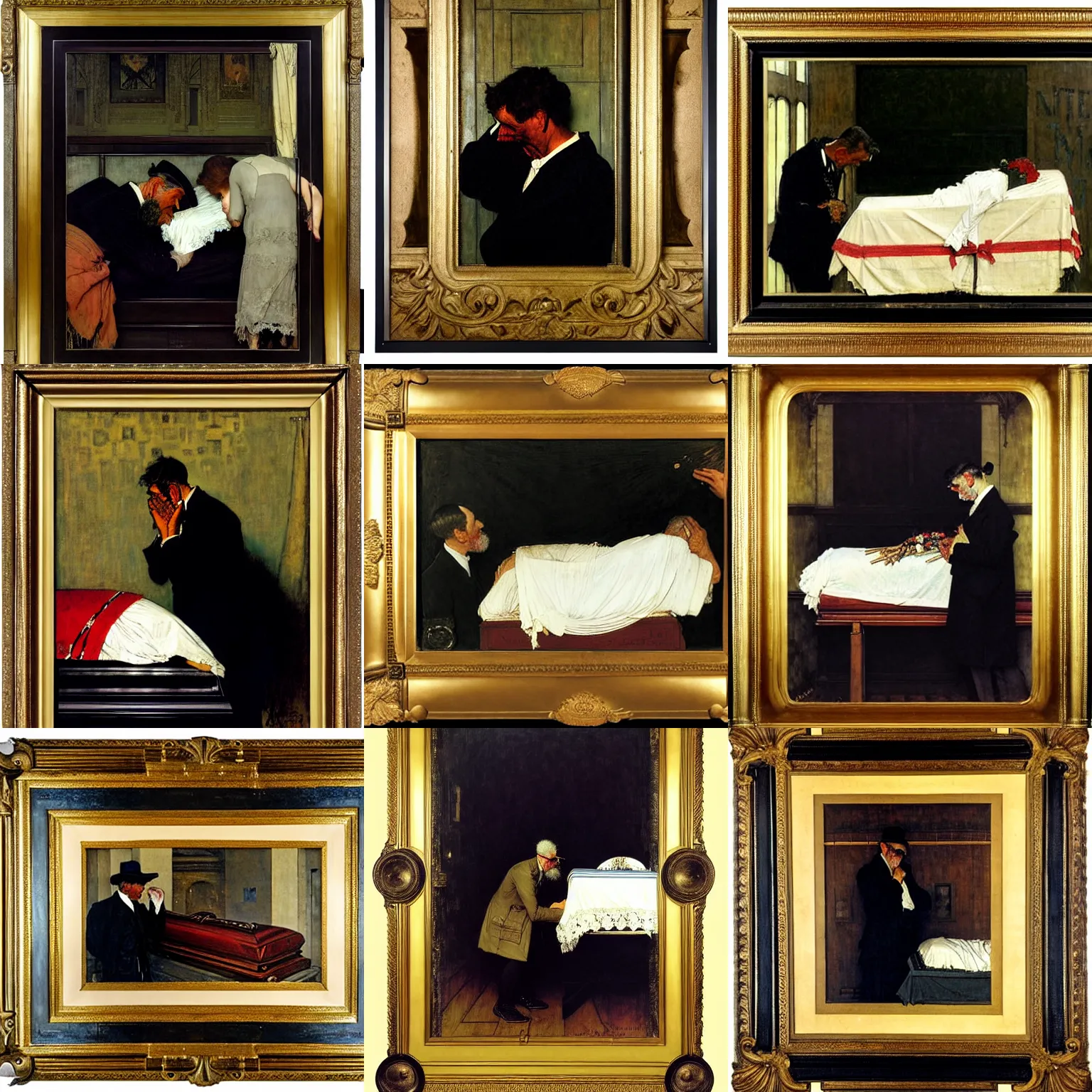 Prompt: a man mourning the loss of his child by sydney prior hall and alfred stevens and norman rockwell, casket, - frame