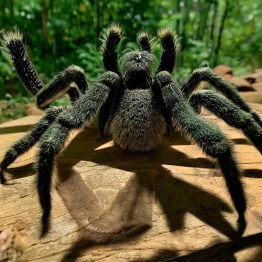 Prompt: Giant tarantula trailcam footage nightvision forest