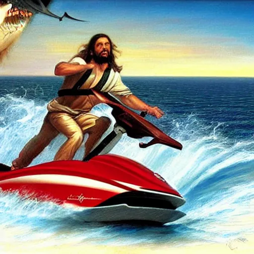 Image similar to Jesus riding a jetski being chased by sharks, painting by Jon McNaughton