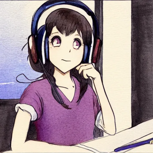 Prompt: anime girl wearing headphones sits at a desk in her bedroom studying, beautiful light thorough window in the style of lofi hiphop in pencil and watercolor by glen keane