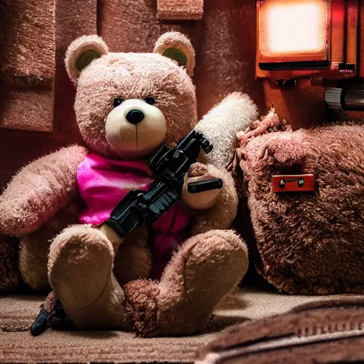 Image similar to cinematic photograph of an anthropomorphic teddy bear wearing pink combat armor and holding a rifle walking through a giant bedroom full of cute toys, 8k, highly detailed, highly intricate, depth of field, epic,