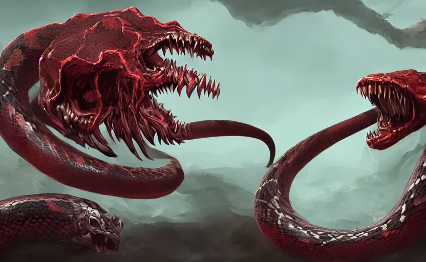 Prompt: monstrous snake of flesh and acing roiling, teeth, dark, artstation