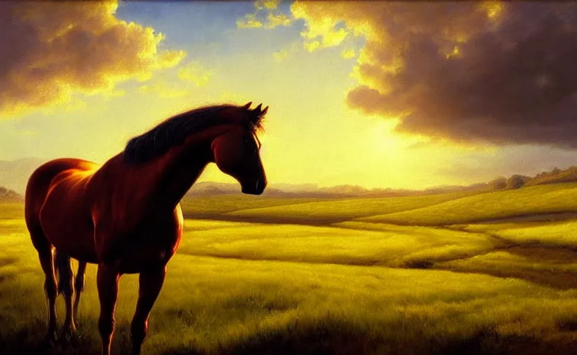 Image similar to a masterpiece oil painting of a horse backlit in a pasture. ultra wide angle, fantasy art, alex ross, heroic lighting, very very very beautiful raytraced rendering