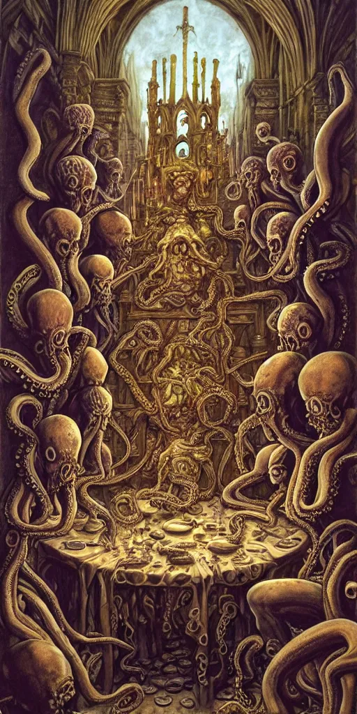 Prompt: group of mages with human bodies and octopus heads sitting near the table with magical artifacts in an ancient mage castle with enormous scale, gothic and baroque, brutalist architecture, ultradetailed, Intricate by John Howe and Josan Gonzalez and James Jean and Giuseppe Arcimboldo