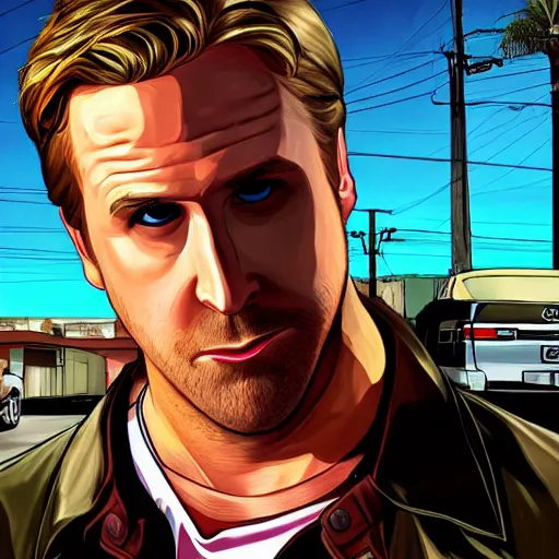 Image similar to gta v covert art by stephen bliss of ryan gosling