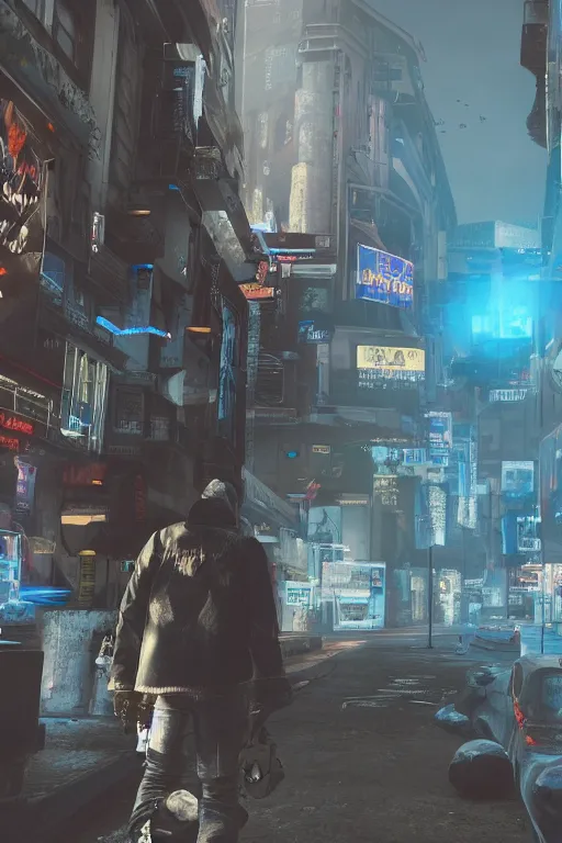 Image similar to in the foreground a Parisian street, in the background a brown man from the back with blue energy wings coming out of his back wearing a long matrix style jacket and starting to fly away, realistic, high definition, great details, dramatic scene, detailed and realistic hands, symmetrical face, realistic eyes, cyberpunk art 2077