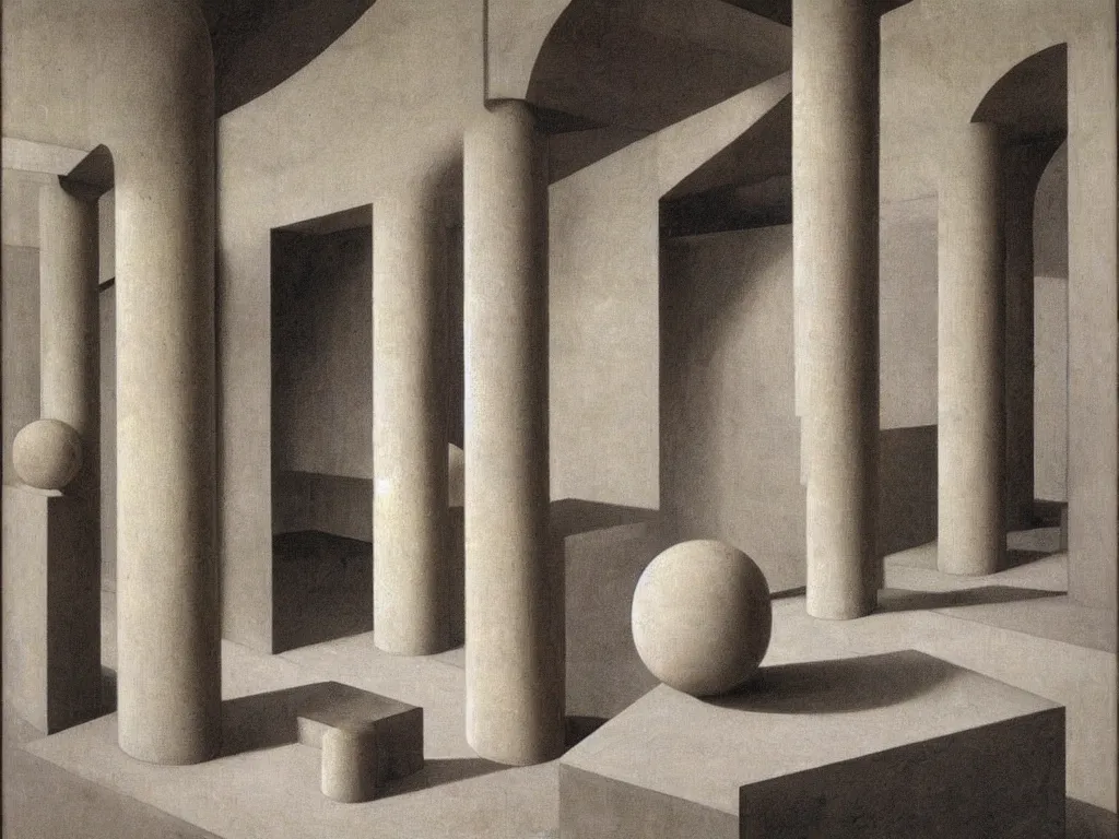 Prompt: Brutalist impossible space, marble sculptor artist Brancusi studio. Painting by Vilhelm Hammershoi, Piero della Francesca, Escher