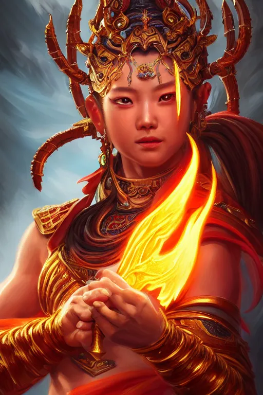 Image similar to a masterpiece portrait of nezha, legendary god holding spear, flame everywhere, epic pose, fantasy character portrait, closeup shot, hyper detailed, digital painting, 8 k realistic, trending on artstation, sharp focus, dof, by fenghua zhong, artgerm, ne zha from smite, jeff easley, raymond swanland