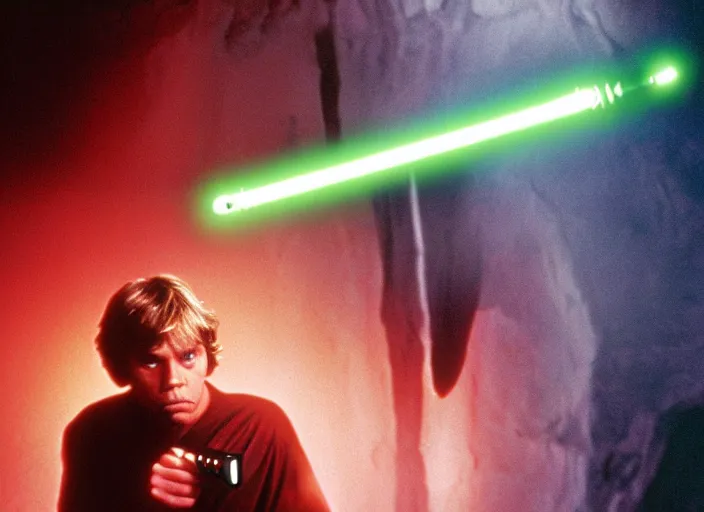 Image similar to detailed protrait photo of Luke skywalker using his lightsaber to light up a dark pinks hazy ethereal cave and discover the ancient jedi texts. kubrick. screenshot from the 1985 film, Photographed with Leica Summilux-M 24 mm lens, ISO 100, f/8, Portra 400