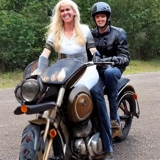 Image similar to photo of a horse - motorcycle being ridden by a blonde woman