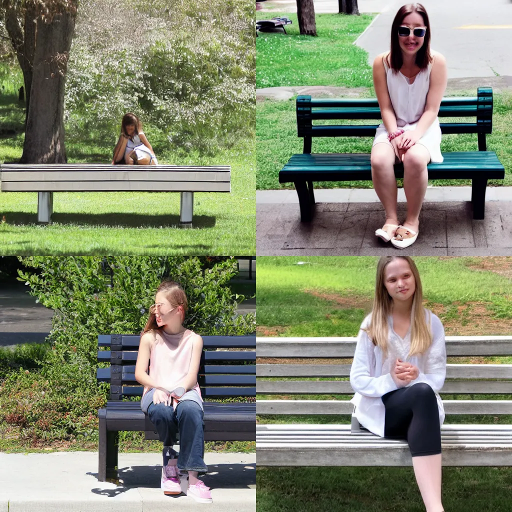 Prompt: Chloe sitting on a bench, mid day