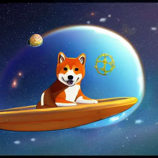 Prompt: cute shiba astronaut on a flying ship, treasure planet style, digital art, 4 k, realistic, vivid colors