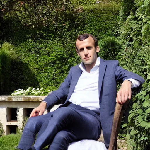 Image similar to mid white hair old emmanuel macron with green shirt and white short, sitting in ile de re house garden