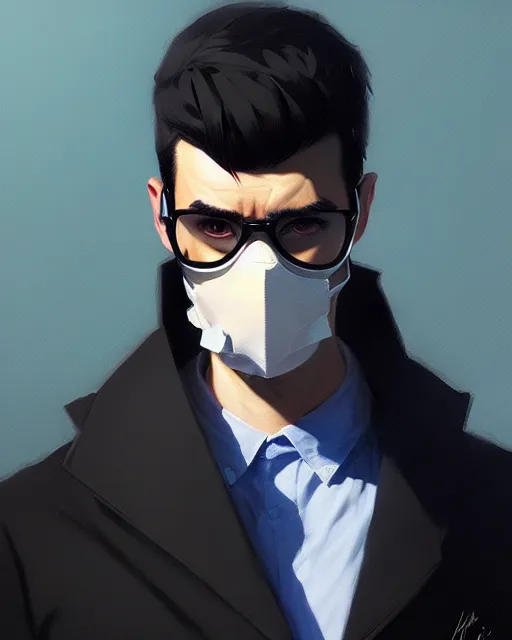 Prompt: a ultradetailed beautiful panting of a stylish man wearing black medical mask, by ilya kuvshinov, greg rutkowski and makoto shinkai, trending on artstation