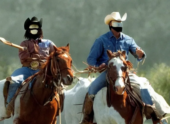 Prompt: a cowboy horse chase vigilantes with face masks disguise, shoot out, exploding horse wide shot, from the hit 1 9 9 0 s tv show on tnt