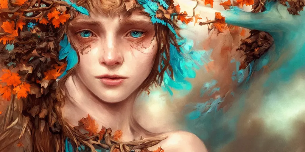 Image similar to beautiful digital painting of freya allan with teal skin and antlers made of wood on her head, brown curly hair with orange oak leaves, heart shaped face, D&D, fantasy, intricate, beautiful eyes, cinematic lighting, highly detailed, digital painting, Artstation, concept art, smooth, sharp focus, illustration, art by Artgerm and Greg Rutkowski, Alphonse Mucha and Rossdraws