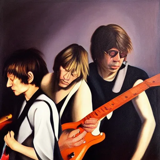 Image similar to Sonic Youth in concert, oil painting by Caravaggio