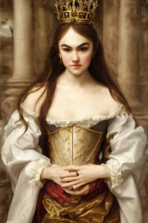 Image similar to Gorgeous full-body renaissance portrait of Sasha Grey as a queen of fantasy kingdom, front view, gold, artstation, very beautiful, luxurious, impressive, soft light, by Anthony van Dyck and Daniel Gerhartz