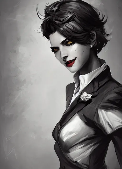 Image similar to a highly detailed illustration of beautiful short black messy haired woman wearing eyepatch!!! and noir style suit and tie, dramatic smiling pose, intricate, elegant, highly detailed, centered, digital painting, artstation, concept art, smooth, sharp focus, league of legends concept art, WLOP