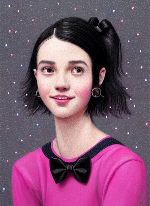 Image similar to portrait of high school girl, realistic, black hair, bangs, half updo hairstyle, pointy nose, skinny, smile, ugly, defined jawline, big chin, pink hair bow, earrings, intricate, elegant, glowing lights, highly detailed, digital painting, artstation, sharp focus, illustration, art by wlop, mars ravelo and greg rutkowski