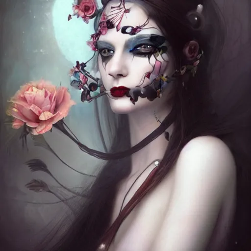 Image similar to A painting of a woman with white makeup and flowers on her head, cyberpunk art by Tom Bagshaw, Deviantart, gothic art, wiccan