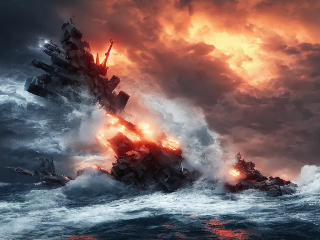 Image similar to breaking apart crashing damaged and on fire mecha battleship sailing alone on a stormy sea at sunset,large waves, explosions, battletech, octane render , cinematic