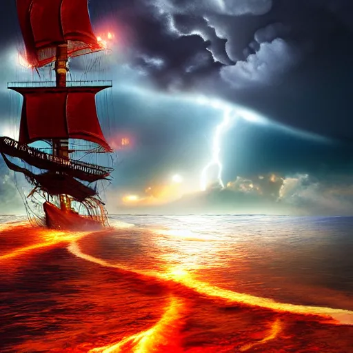 Prompt: burning ocean, storm, dramatic sky, waves, dark, flame, pirate sail ship, hyperrealistic, highly detailed, fractal,