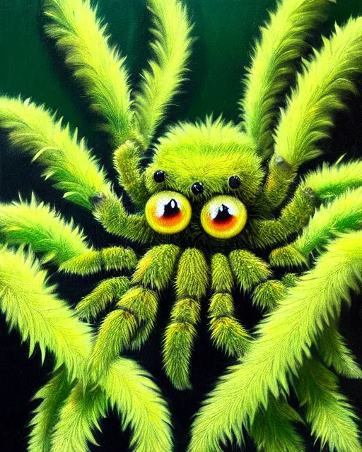 Prompt: Realistic Oil Painting of Cute green animated fuzzy tarantula made out of marijuana leaves thc strain