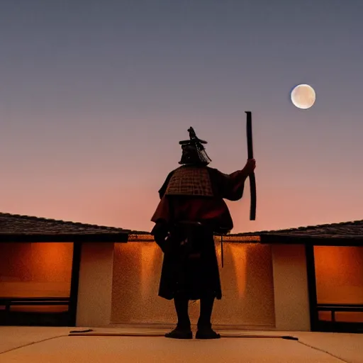 Image similar to old samurai holding ancient sword giant moon in background lighting the area