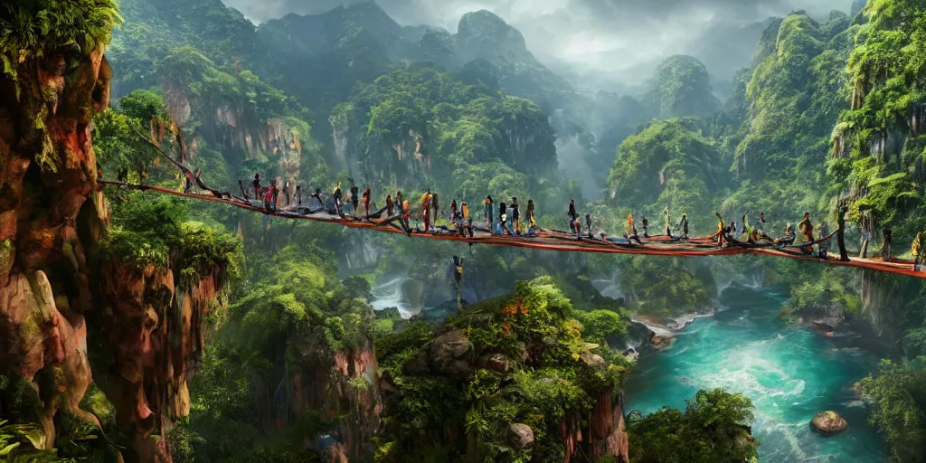 Image similar to wide angle view of colorful clothing fashion models crossing a suspended rope bridge over a deep canyon, mountainous jungle setting, trees, waterfall, river, rocks, dramatic lighting, highly detailed, artstation, unreal engine, matte painting in the style of craig mullins, Uncharted 4, fish eye lens, 8k HDR