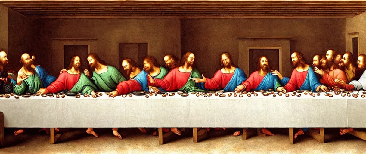 Image similar to the last supper but everyone is an animal. Painting in the style of Leonardo Da Vinci