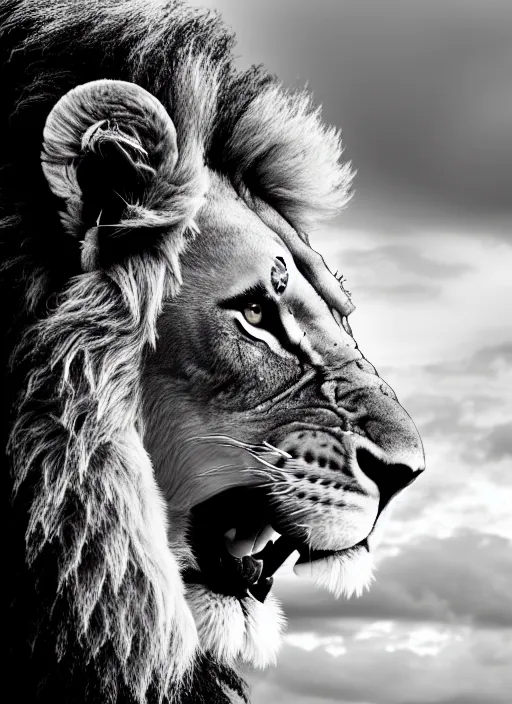 Image similar to lion and lioness black and white portrait white sky in background
