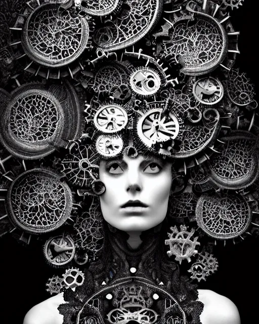 Image similar to surreal dark poetic black and white photo portrait of complex bio-mechanical beautiful young silver female vegetal-cyborg with a Mandelbrot fractal steampunk metal fine lace face, a very long neck and a fine metal floral foliage super big lace collar by Vivienne Westwood:: smoke, high fashion, haute couture, rococo, steampunk, avant-garde, silver filigree details, anatomical, facial muscles, cable wires, microchip, elegant, dreamy, foggy atmosphere, hyper realistic, 150 mm lens, soft rim light, octane render, unreal engine, picture was taken in 1910 by Man Ray, volumetric lighting, dramatic light,8k,