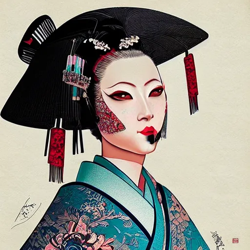 Prompt: a portrait of a geisha by android jones