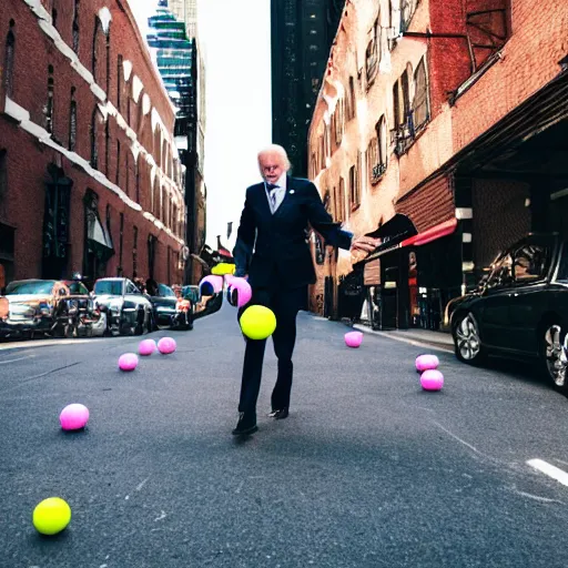 Prompt: joe biden carrying 1 0 0 bouncy balls, fashion photography, vogue street fashion tribeca, vsco photo, high definition