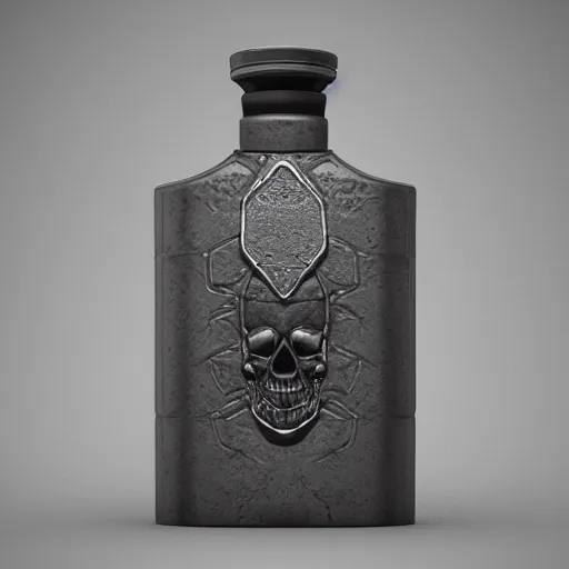 Image similar to ancient flask contains life and death essence, skull cap, raytracing, 3d rendering, octane render