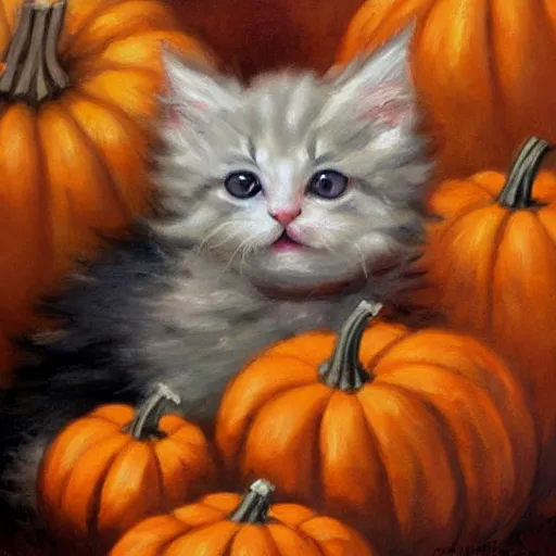 Image similar to a cute fluffy kitten amidst piles of pumpkins. halloween autumn fall art. beautiful painting by henriette ronner - knip and artgerm and greg rutkowski