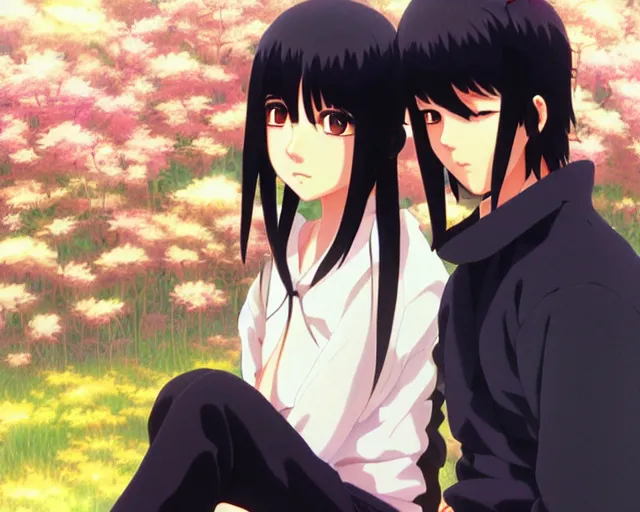 Image similar to beautiful anime girl with long black hair and bangs, two beautiful anime guys with black hair, wearing black clothes, siblings, fine details portrait, Japanese village background, bokeh. anime masterpiece by Studio Ghibli. illustration, sharp high-quality anime illustration in style of Ghibli, Ilya Kuvshinov, Artgerm