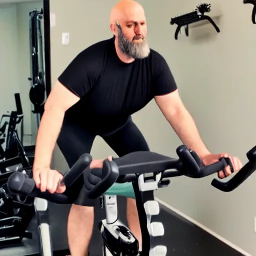 Image similar to chonky bald, grey trimmed bearded ethan van sciver working out vigorously on his peloton exercise bike