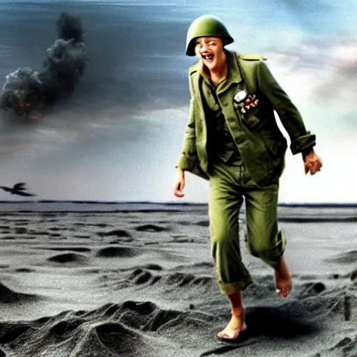 Image similar to photo realistic image of Matthew Lillard as shaggy from scooby doo, storming the beaches of Normandy in 1944, HD, high detail, photorealistic, Hollywood cinematic, Christopher Nolan