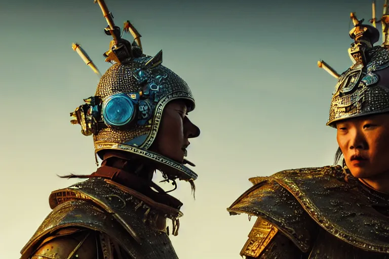 Image similar to vfx film closeup, futuristic mongolian warriors, sci - fi mongolian village, robot stand - off, flat color profile low - key lighting award winning photography arri alexa cinematography, hyper real photorealistic cinematic, atmospheric cool colorgrade