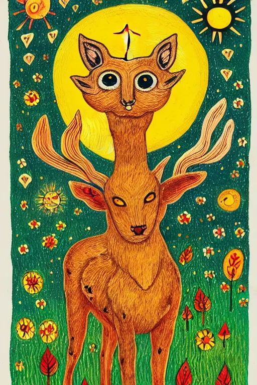 Image similar to tiny golden deer glowing eyes and sun ray mane holding lit matches and singing, children's book illustration, traditional folk art style, gouache on paper, outsider art, David Palladini, Mu Pan, Carson Ellis, Julia Sarda, tarot card, Henry Darger, Louis Wain