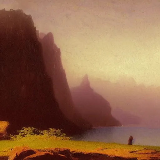 Image similar to black rainbow among cliffs, early morning, soft fog, Albert Bierstadt