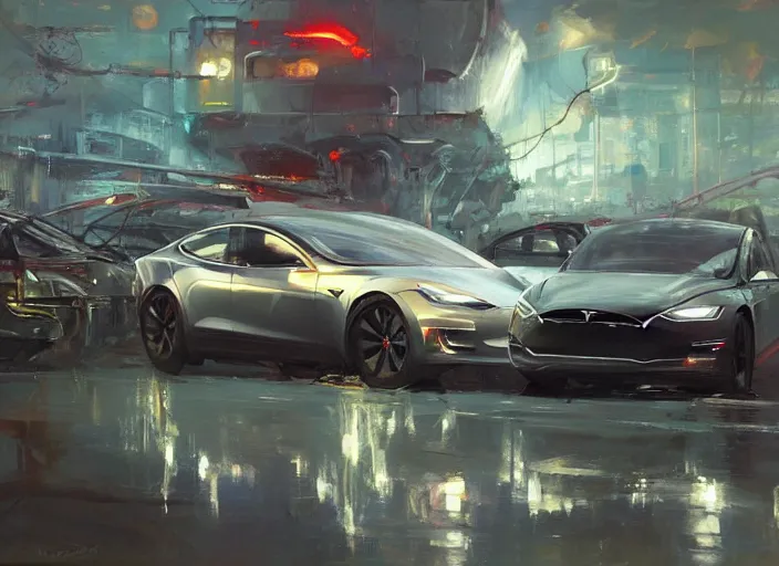 Image similar to Tesla Company, concept art oil painting by Jama Jurabaev and John Berkey, extremely detailed, brush hard, artstation