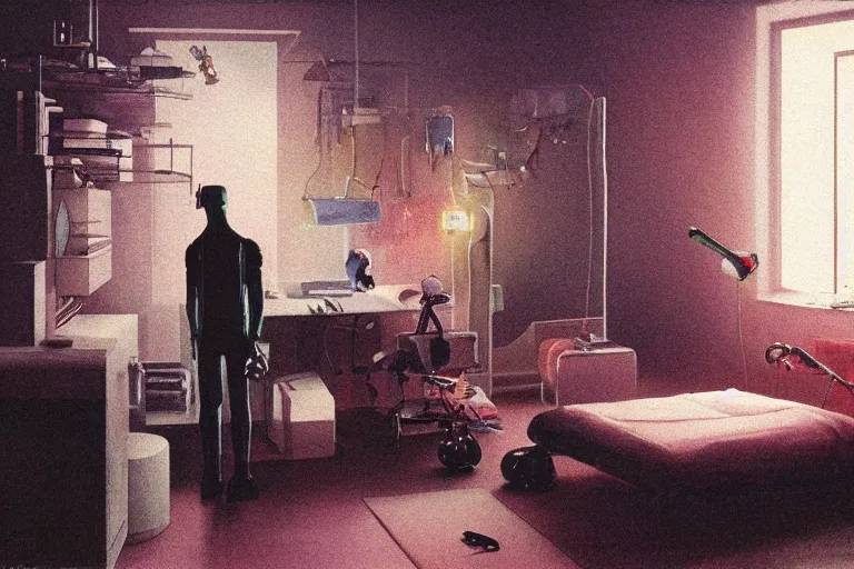 Prompt: IKEA catalogue photo, cyberpunk teenager bedroom, robots, by Beksiński