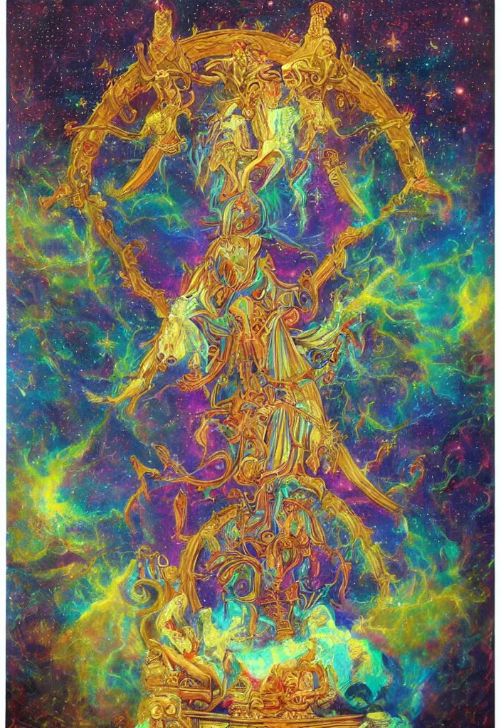 Image similar to holy throne of the gnostic lunar god, award winning oil painting, iridescent color palette